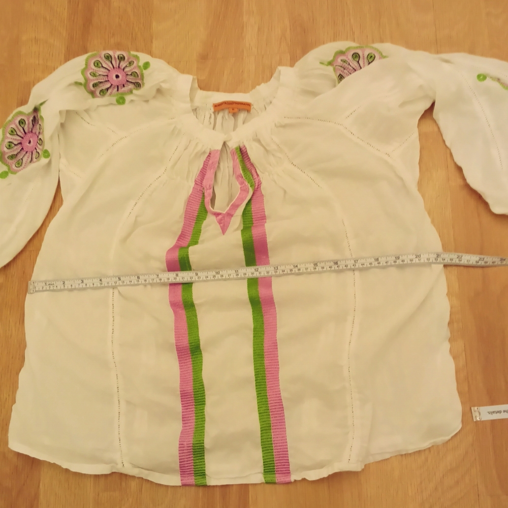 Roberta Freyman Embroidered White Blouse With Pink and Green Accents Size S - Picture 8 of 9